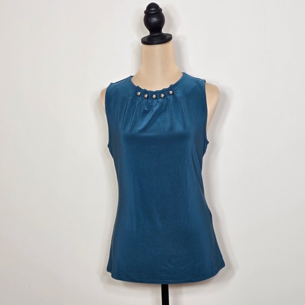 WHBM Sleeveless Teal Blue‎ Jewel Neck Top Gathered Keyhole Back size S